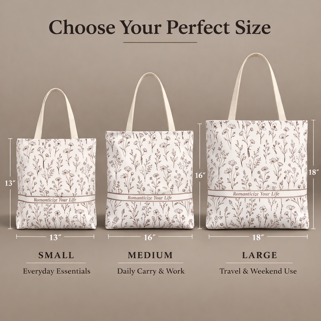 Three floral-patterned tote bags with measurements and usage descriptions on a white background.