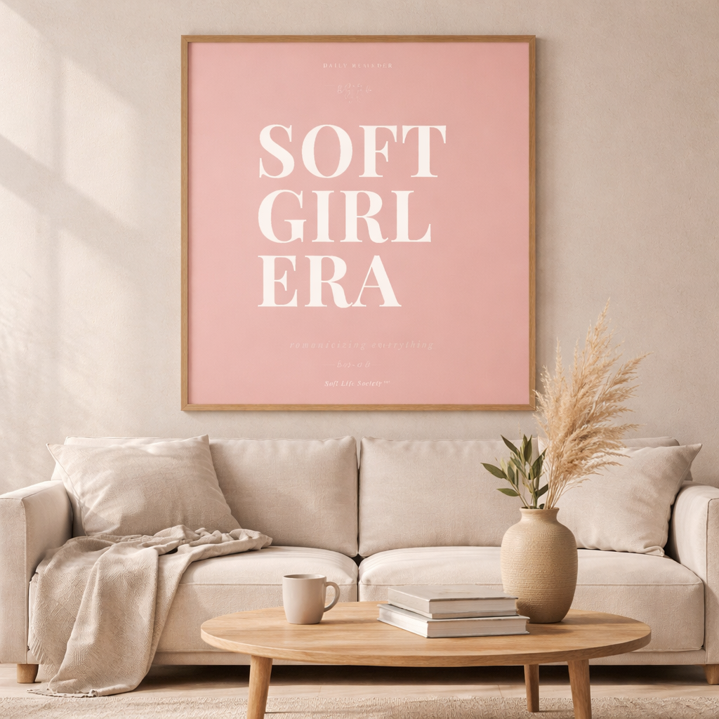 Living room with a 'SOFT GIRL ERA' framed poster on the wall above a beige sofa.