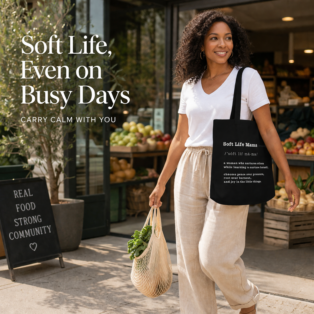 Woman walking outside a store with a black tote bag and a reusable bag, with text about 'Soft Life' and 'Real Food Strong Community'.