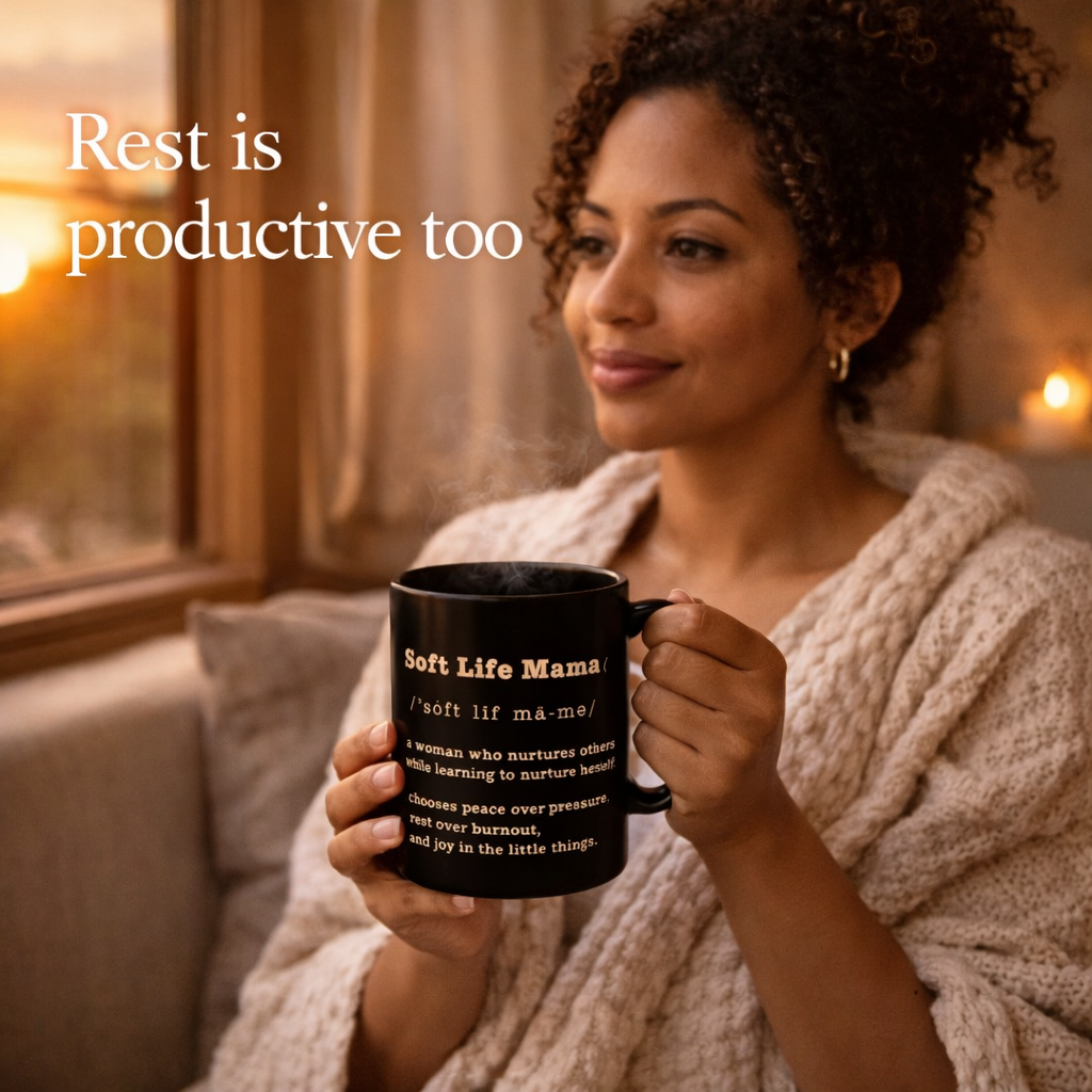 Woman holding a mug with 'Soft Life Mama' text, sitting on a couch with a warm, cozy background.