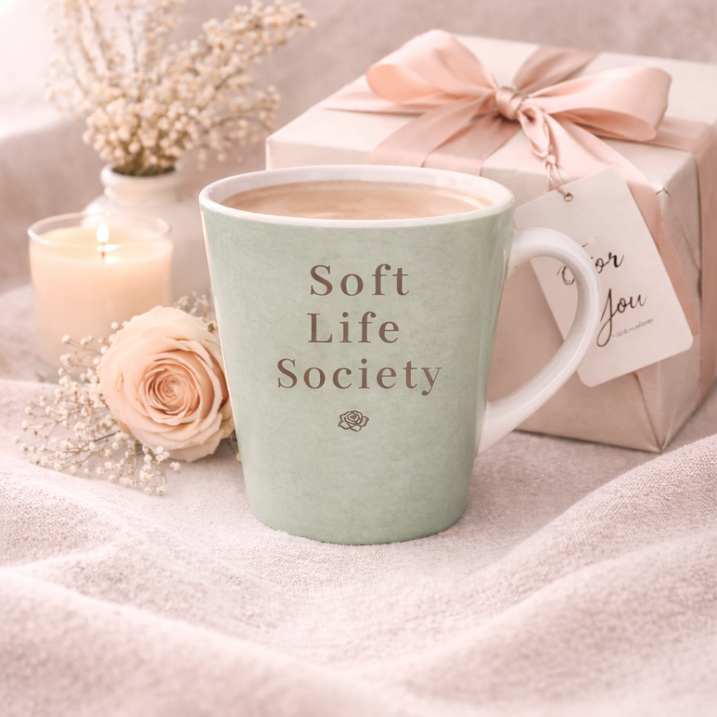Green mug with 'Soft Life Society' text, gift box, candle, and flowers on a soft surface