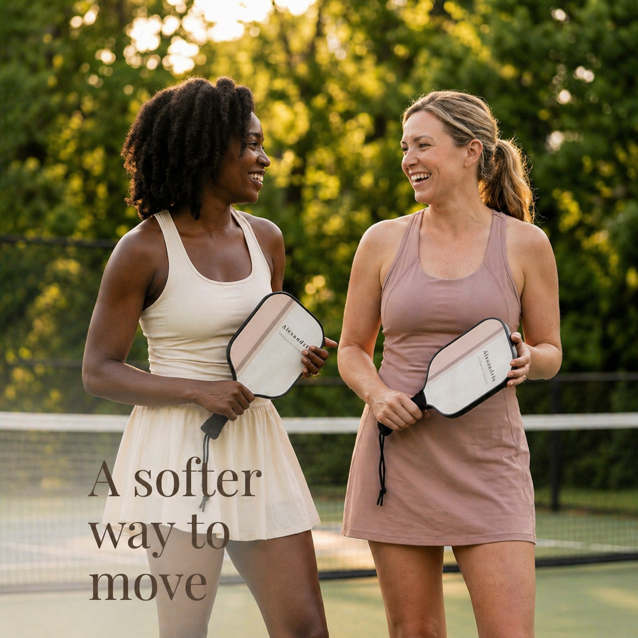 Two women on a tennis court holding pickleball paddles with text 'A softer way to move'.