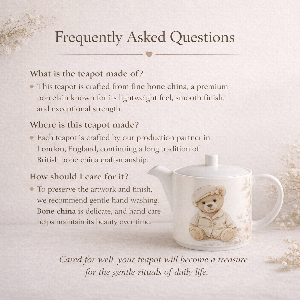 Teapot with teddy bear design on a light background with text about teapot features.