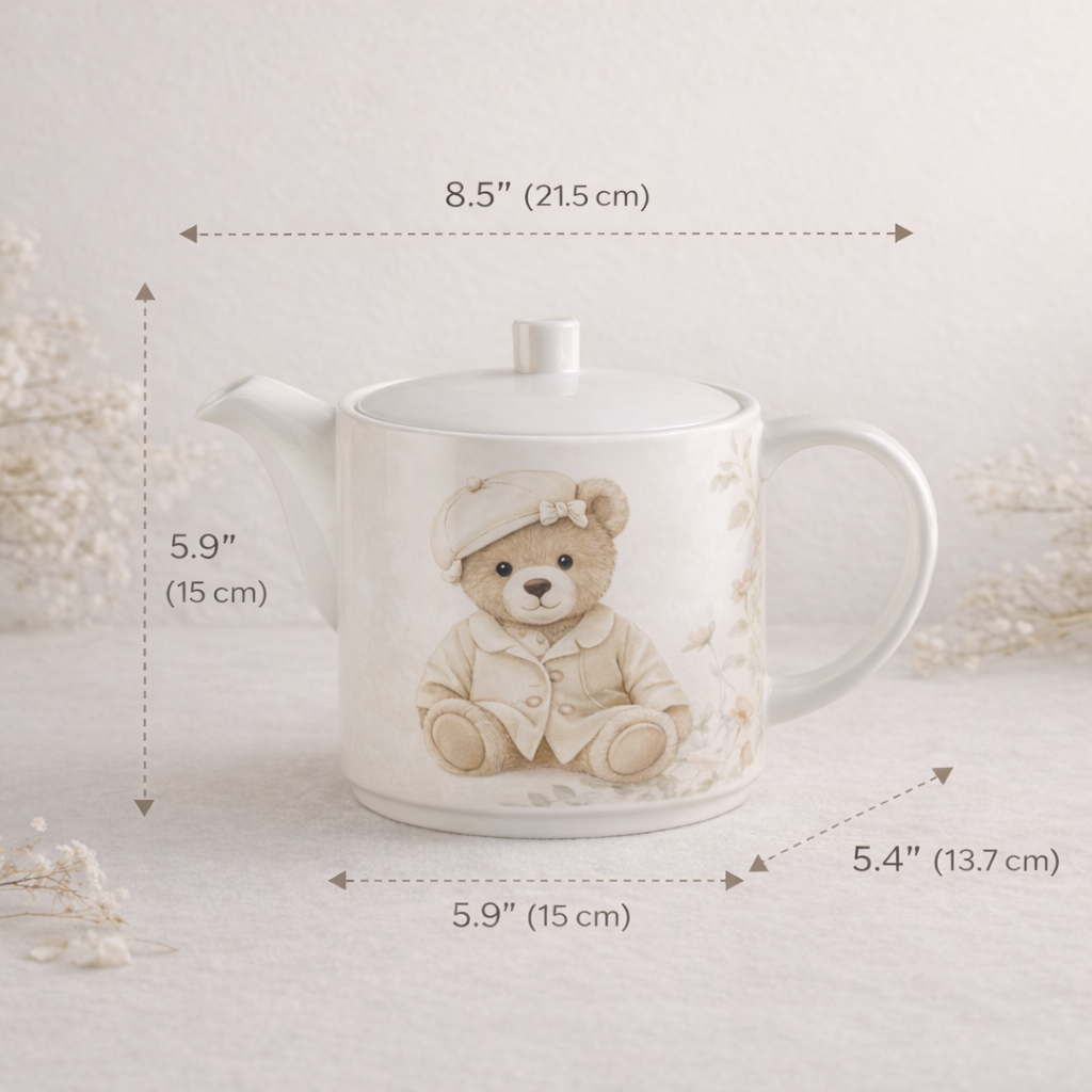 Teapot with teddy bear design and measurements on a light background