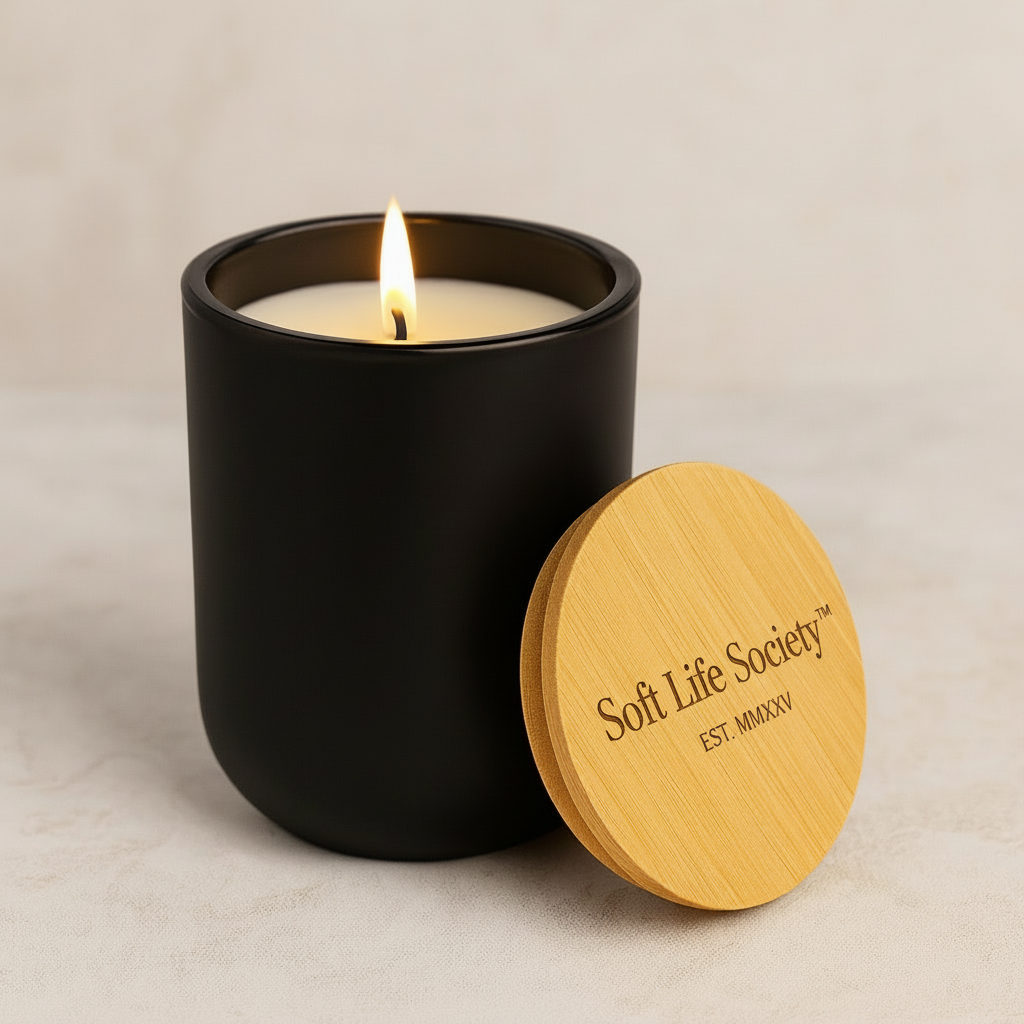 Black candle with a wooden lid featuring 'Soft Life Society' on a beige background
