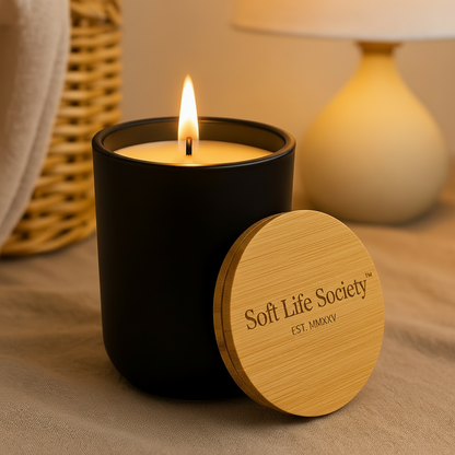 Candle in a black container with a wooden lid labeled 'Soft Life Society' on a fabric surface.