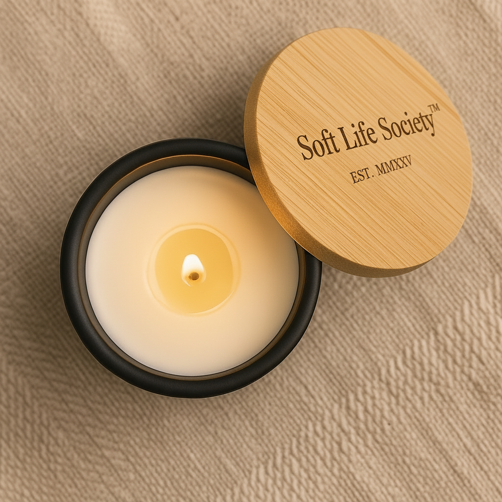 Candle in a black container with a wooden lid labeled 'Soft Life Society' on a beige background.