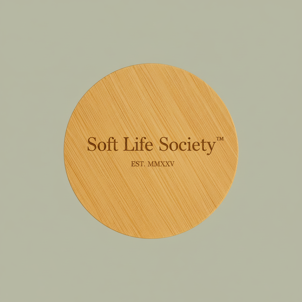 Wooden circular sign with 'Soft Life Society' text on a light green background