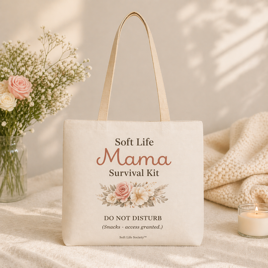 Tote bag with 'Soft Life Mama Survival Kit' text and floral design on a soft background
