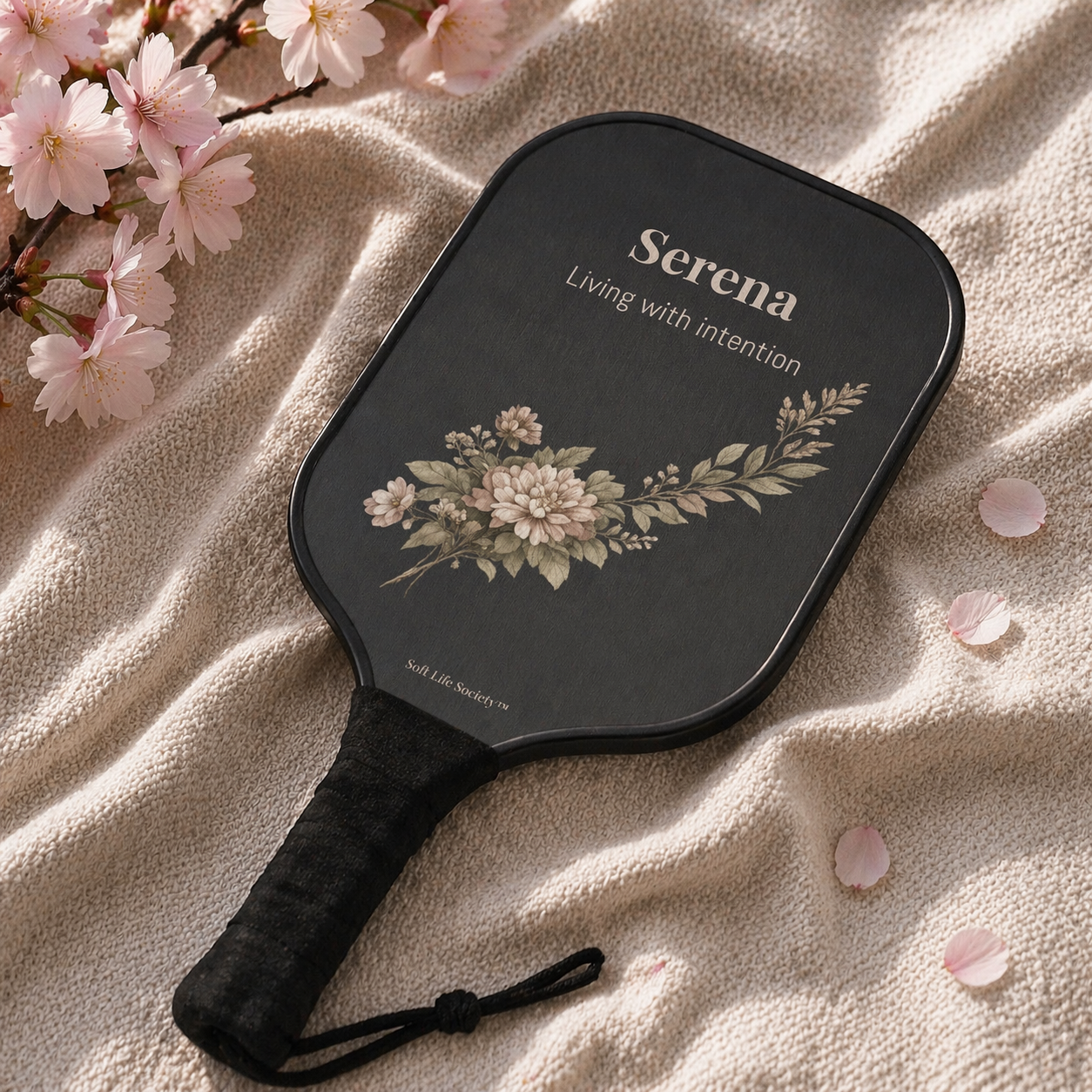 Black paddle with floral design and 'Serena' branding on a soft fabric background with cherry blossoms.