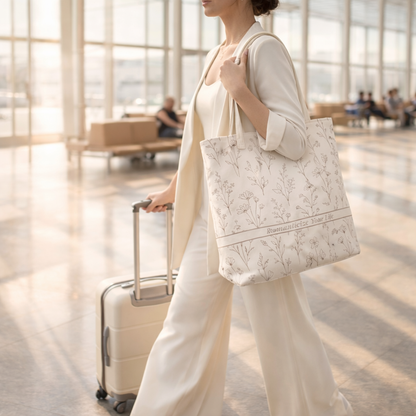 Woman holding a 'Romanticize Your Life' floral tote bag and suitcase in an airport terminal